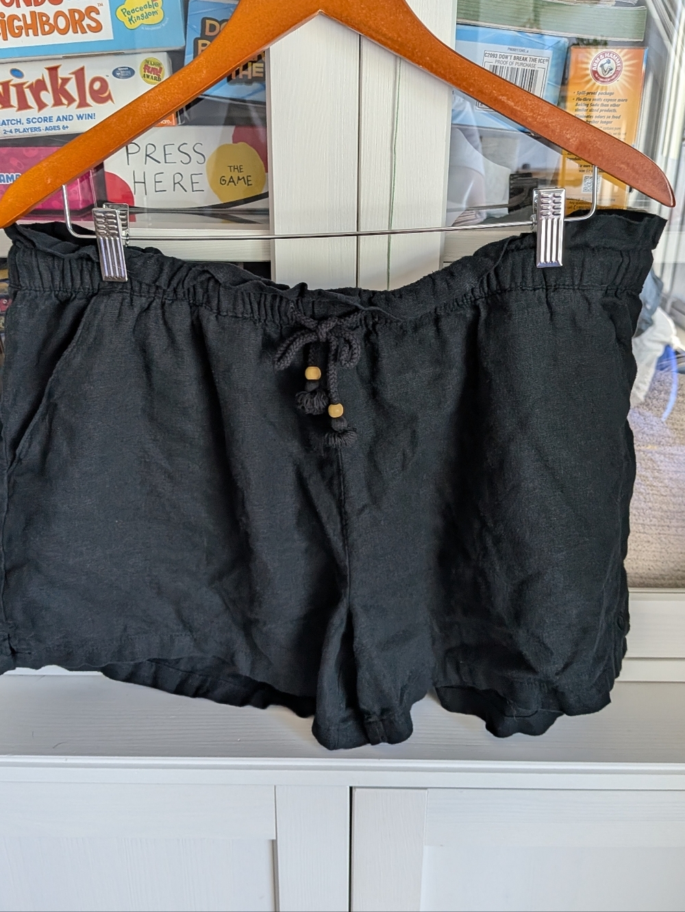 Hang Ten Black Linen Blend Paperbag Shorts XL High Rise Tassel Coastal Boho